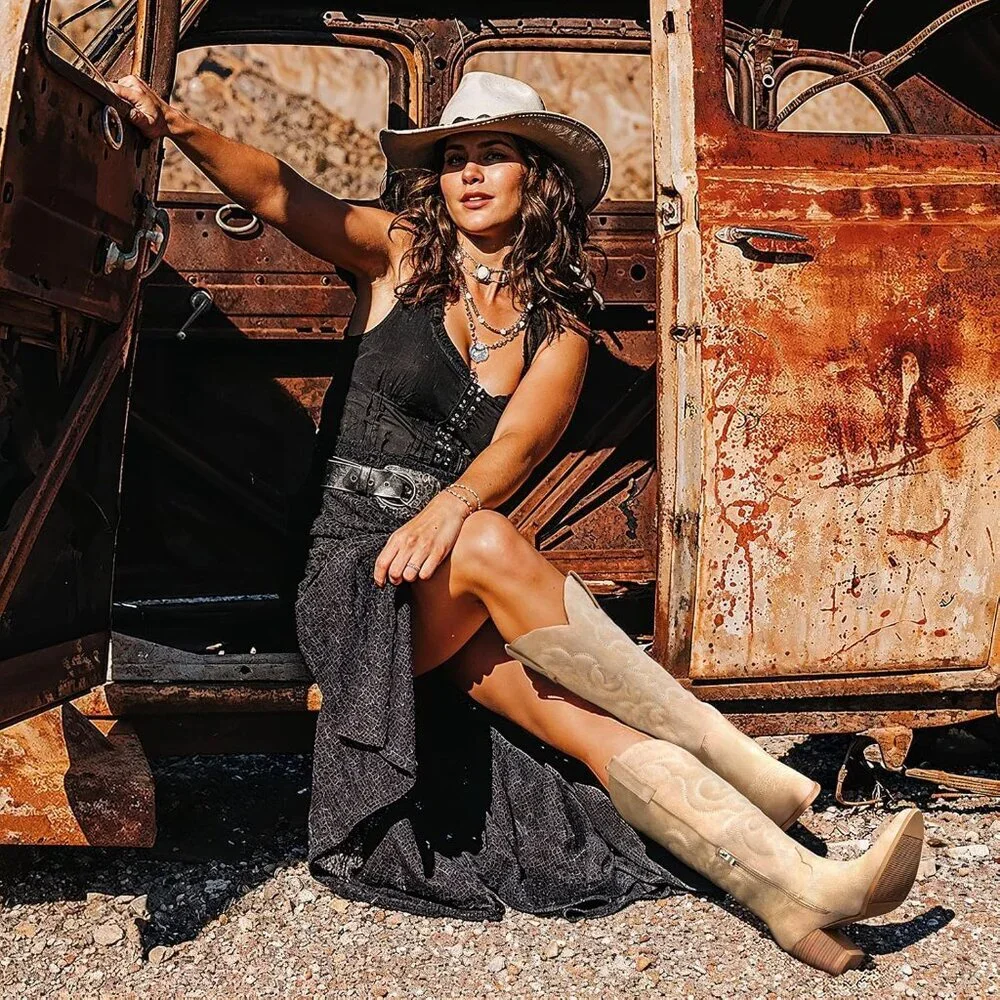 Women Beige Suede Western Knee High Cowgirl Boots with Side Zipper Retro Pointed